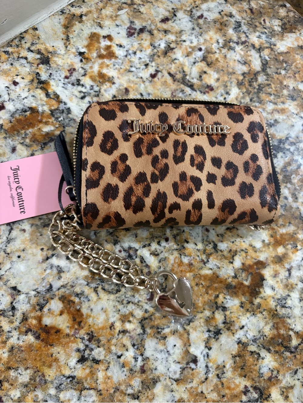 Juicy Couture Leopard Print Zip Wallet with Gold Heart Chain